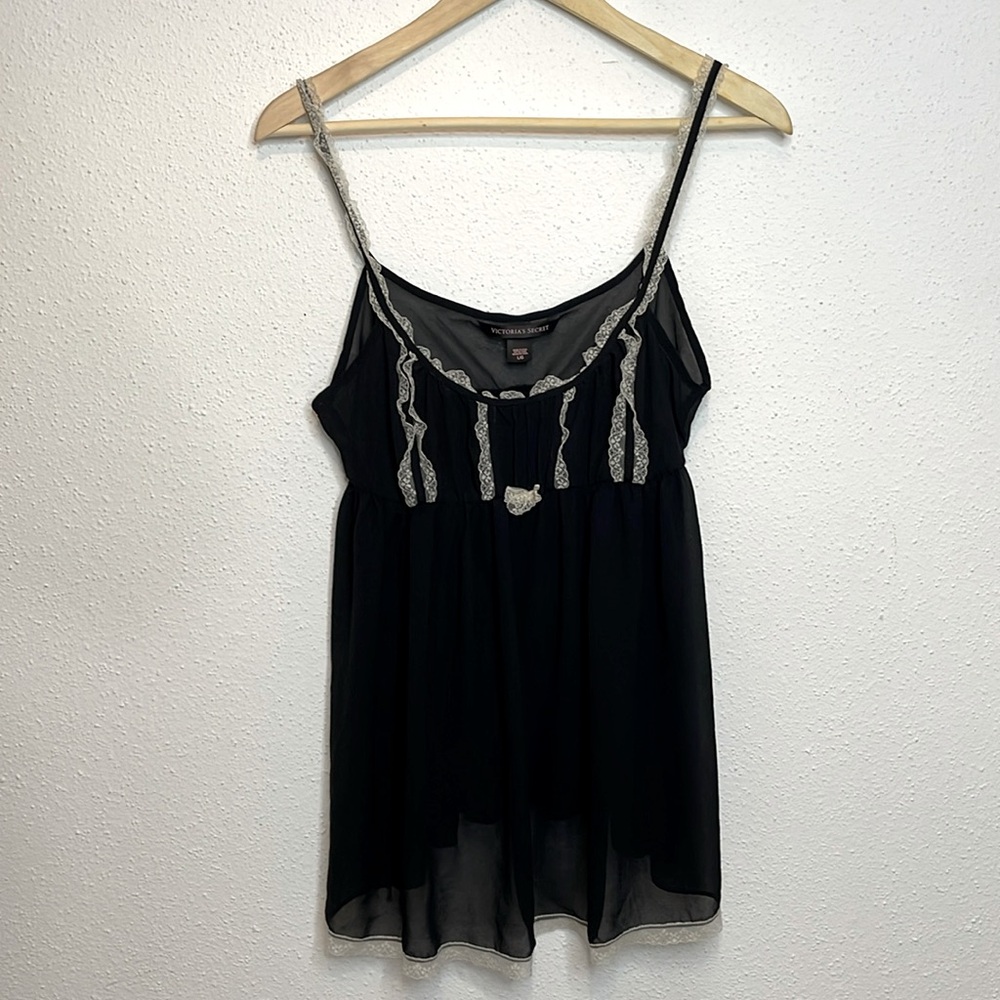 Victorias Secret Black and White Lace Babydoll Slip Dress with Center Bow Size L
